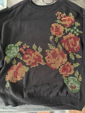 Floral Cross-Stitch Knit Sweater Black with Red & Green Floral